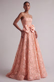Peach Strapless Floral Embroidery Sequins A-Line Long Prom Dress with Satin Bow