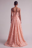 Peach Strapless Floral Embroidery Sequins A-Line Long Prom Dress with Satin Bow