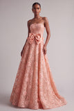 Peach Strapless Floral Embroidery Sequins A-Line Long Prom Dress with Satin Bow