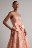 Peach Strapless Floral Embroidery Sequins A-Line Long Prom Dress with Satin Bow