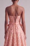 Peach Strapless Floral Embroidery Sequins A-Line Long Prom Dress with Satin Bow
