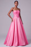 Hot Pink Strapless Satin Floral Embroidery Sequins A-Line Long Prom Dress