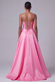 Hot Pink Strapless Satin Floral Embroidery Sequins A-Line Long Prom Dress