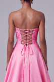 Hot Pink Strapless Satin Floral Embroidery Sequins A-Line Long Prom Dress
