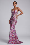 Fuchsia Cut Out Strapless Sequins Floral Mermaid Long Prom Dress with Sweep Train