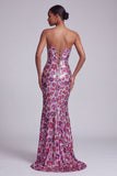 Fuchsia Cut Out Strapless Sequins Floral Mermaid Long Prom Dress with Sweep Train