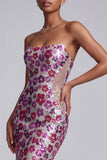 Fuchsia Cut Out Strapless Sequins Floral Mermaid Long Prom Dress with Sweep Train