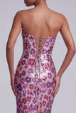 Fuchsia Cut Out Strapless Sequins Floral Mermaid Long Prom Dress with Sweep Train
