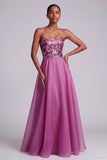 Fuchsia Sequins Floral Strapless A-Line Chiffon Long Prom Dress