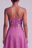 Fuchsia Sequins Floral Strapless A-Line Chiffon Long Prom Dress