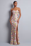Pink Floral Sequins Mermaid Slit Long Prom Dress with Rhinestone Straps