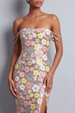 Pink Floral Sequins Mermaid Slit Long Prom Dress with Rhinestone Straps