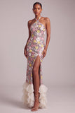 Pink Halter Sequins Sheath Organza Tiered Ruffled Long Prom Dress with Side Slit
