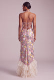 Pink Halter Sequins Sheath Organza Tiered Ruffled Long Prom Dress with Side Slit