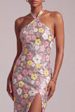 Pink Halter Sequins Sheath Organza Tiered Ruffled Long Prom Dress with Side Slit