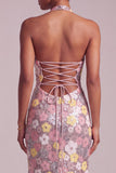 Pink Halter Sequins Sheath Organza Tiered Ruffled Long Prom Dress with Side Slit