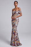 Light Grey Off the Shoulder Floral Mermaid Sequins Long Prom Dress