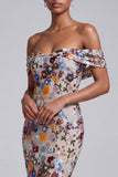 Light Grey Off the Shoulder Floral Mermaid Sequins Long Prom Dress