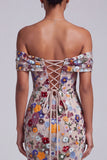 Light Grey Off the Shoulder Floral Mermaid Sequins Long Prom Dress