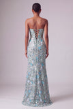 Dusty Blue Floral Embroidery Sequins Mermaid Strapless Long Prom Dress with Bow