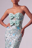 Dusty Blue Floral Embroidery Sequins Mermaid Strapless Long Prom Dress with Bow