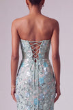 Dusty Blue Floral Embroidery Sequins Mermaid Strapless Long Prom Dress with Bow