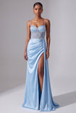 Light Blue Spaghetti Straps Satin Ruched Rhinestone Long Prom Dress with Slit