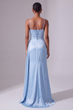 Light Blue Spaghetti Straps Satin Ruched Rhinestone Long Prom Dress with Slit
