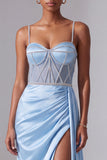 Light Blue Spaghetti Straps Satin Ruched Rhinestone Long Prom Dress with Slit