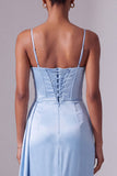 Light Blue Spaghetti Straps Satin Ruched Rhinestone Long Prom Dress with Slit
