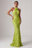 Halter Neck Green Mermaid Cut Out Sequins Long Prom Dress with 3D Flowers