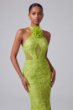 Halter Neck Green Mermaid Cut Out Sequins Long Prom Dress with 3D Flowers