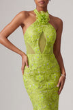Halter Neck Green Mermaid Cut Out Sequins Long Prom Dress with 3D Flowers