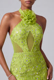 Halter Neck Green Mermaid Cut Out Sequins Long Prom Dress with 3D Flowers