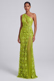 One Shoulder Green Embroidery Sequins Ruched Sheath Tulle Long Prom Dress with Slit