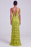 One Shoulder Green Embroidery Sequins Ruched Sheath Tulle Long Prom Dress with Slit