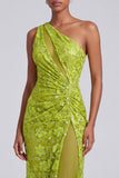 One Shoulder Green Embroidery Sequins Ruched Sheath Tulle Long Prom Dress with Slit