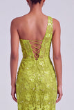 One Shoulder Green Embroidery Sequins Ruched Sheath Tulle Long Prom Dress with Slit
