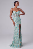 Dusty Blue Corset Sheer V-Neck Floral Sequins Mermaid Long Prom Dress with Slit