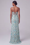 Dusty Blue Corset Sheer V-Neck Floral Sequins Mermaid Long Prom Dress with Slit