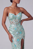 Dusty Blue Corset Sheer V-Neck Floral Sequins Mermaid Long Prom Dress with Slit