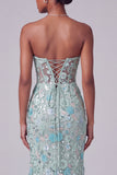 Dusty Blue Corset Sheer V-Neck Floral Sequins Mermaid Long Prom Dress with Slit