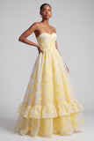 Yellow Corset Strapless Jacquard Tiered A-Line Long Prom Dress with Ruffled Hem