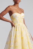 Yellow Corset Strapless Jacquard Tiered A-Line Long Prom Dress with Ruffled Hem
