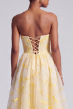 Yellow Corset Strapless Jacquard Tiered A-Line Long Prom Dress with Ruffled Hem