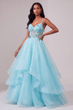Light Blue Corset Spaghetti Straps Sequins Asymmetrical Tiered Ruffled Long Prom Dress