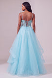 Light Blue Corset Spaghetti Straps Sequins Asymmetrical Tiered Ruffled Long Prom Dress
