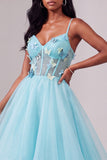 Light Blue Corset Spaghetti Straps Sequins Asymmetrical Tiered Ruffled Long Prom Dress
