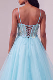 Light Blue Corset Spaghetti Straps Sequins Asymmetrical Tiered Ruffled Long Prom Dress