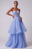 Blue Corset Pearls Strapless A-Line Tiered Long Prom Dress